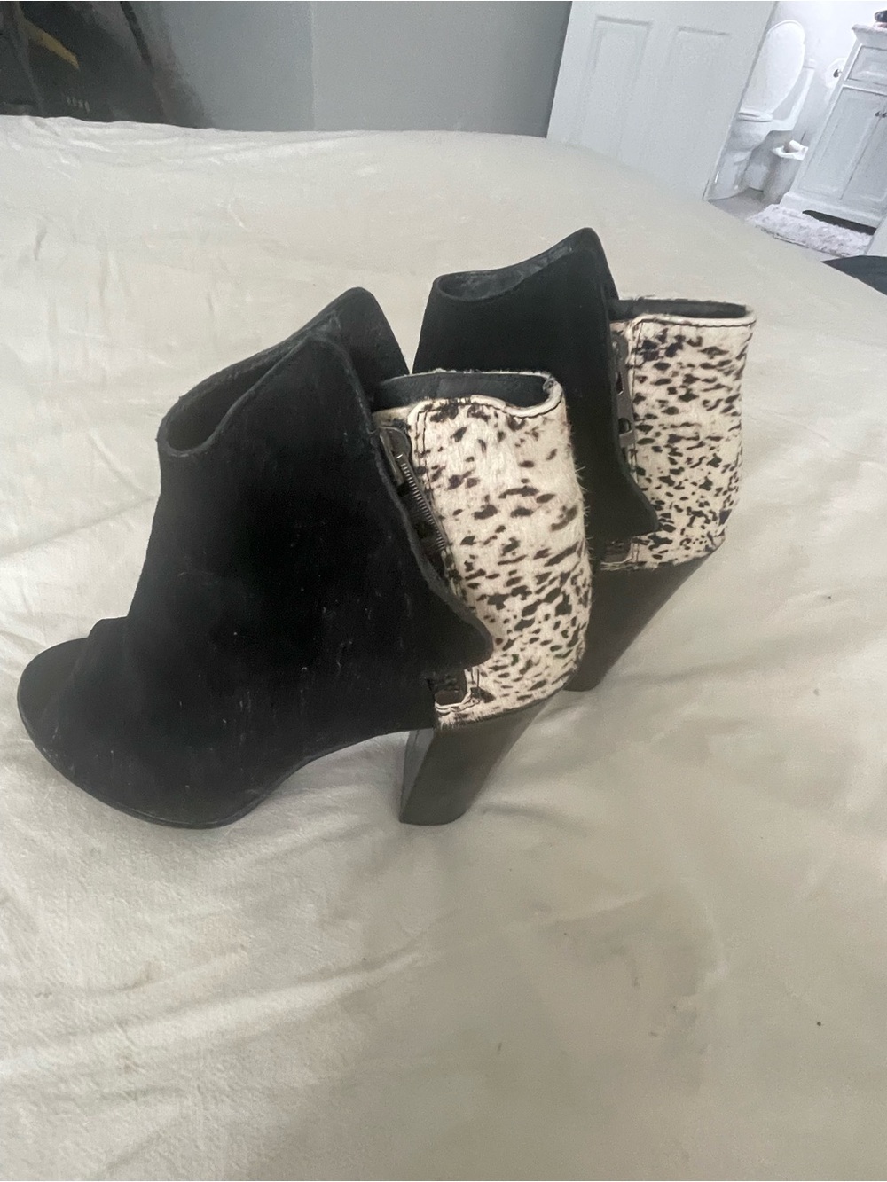 Dolce Vita Black Suede Peep-Toe Ankle Booties with Spotted Heel Panel